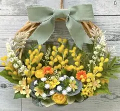 ミモザのリース★フラワーリース★春のリース★玄関リース★ミモザの花籠★緑リボン