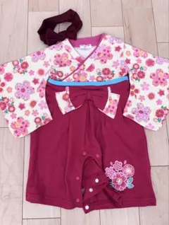 100日祝い ひな祭り ベビー袴花柄ロンパース ヘアバンド付き 70cm