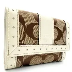 極美品　COACH　三つ折り財布　ロゴ刻印　ジャガード　シグネチャー　キャンバス