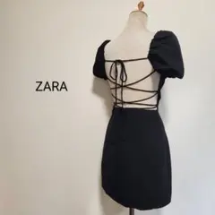 ZARA バッククロスストラップ パフスリーブミニワンピース ブラック 海外XS
