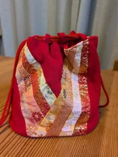 新品　着物生地とちりめんリメイク　巾着バッグ