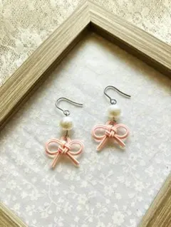 水引✴︎NO.117 小さなリボンとパールのピアス
