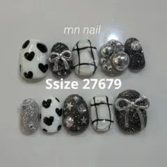 【現品】個性派　リボン　ハート　チェック　黒　ラメ　ネイルチップ