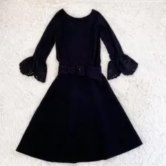 マイストラーダ 袖刺繍 フレアニットワンピース ベルト　ブラック S