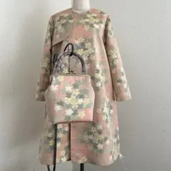 着物リメイク　正絹　紬フラップ付きロングコート＊バッグ
