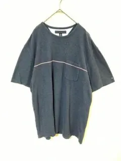 トミーヒルフィガー　Tシャツ　メンズXL　ポケット　ネイビー　ライン　綿　袖ロゴ
