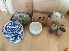 现状品 竹模様 陶器 香炉 茶器5点セット