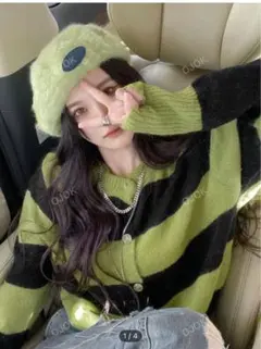 SHEIN ブロックストライプドロップショルダーカーディガン