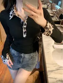 SHEIN Dazy レオパード柄襟 長袖シャツ