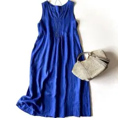 極美品 ビューティー&ユース フレンチリネンノースリーブマキシワンピース ブルー