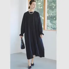 ナチュラルバイクリップ リネン ロングフレア切り替えワンピース ブラック フリー