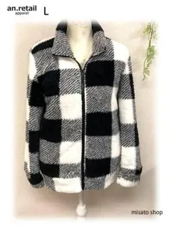 レディース ムートンジャケット 長袖 チェック柄 ジッパージャケット L