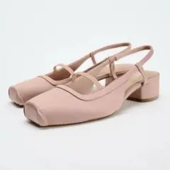 ZARA ピンク バレエシューズ　サテン風ストラップスリングバックシューズ　36