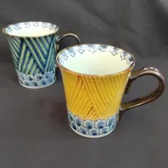 特価品、波佐見焼、花弁黃緑江戸小紋、マグカップ【２個セット】
