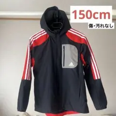 【150cm】adidas 赤黒 ウィンドブレーカー ファスナー・フード有り