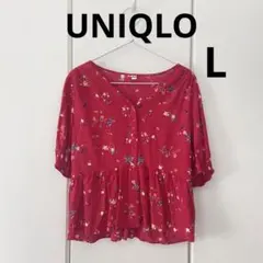 ユニクロ　レーヨンVネックプリントブラウス　L　レッド　赤　花柄　春服　ペプラム