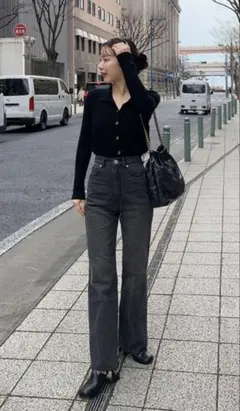 フリンジヘムセミフレアデニムパンツ　cu166