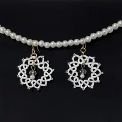 タティングレース　ピアス　ホワイト　ガラスビーズ　シンプル　細めの40番