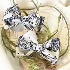 【現品限り】リボンチョーカー　上品ペイズリー柄　ホワイト×ネイビー　30個