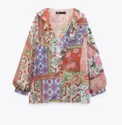 即発送 ZARA パッチワーク フリルブラウス 長袖 Sのサムネイル