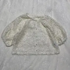 袖バルーンカーディガン　半袖　羽織り　パール　透かし編み　アイボリー　５分丈