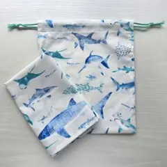 サメ柄 白 青 水色 給食袋とランチョンマット 巾着 ナフキンセット