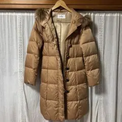 美品 courrèges ベージュ ロングダウンコート38フードファー取り外し可