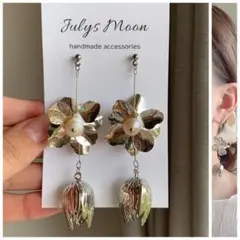 6238アンティークピアスイヤリングシルバー大ぶりフラワー淡水パールロングお花