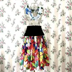 フラダンス　パウスカート　トロピカルカラー系　レイ2個おまけ付き 3本ゴム調節可