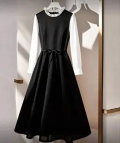 シーイン　フリル襟付き黒ロングワンピース　プラスサイズ2XL