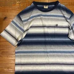 ハンテン Tシャツ ボーダー 半袖 青 レーヨン混 刺繍ロゴ ポケット サーフのサムネイル
