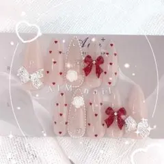 ネイルチップ オーダー ワンホン 韓国 ハート フレンチガーリー 量産型 リボン