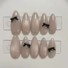 【現品】ネイルチップ 韓国風 マグネット リボン シンプル ピンクベージュ 大人