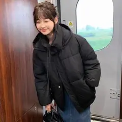 Lサイズ 中綿ダウンジャケット レディース フード付き ブラック 497 N01