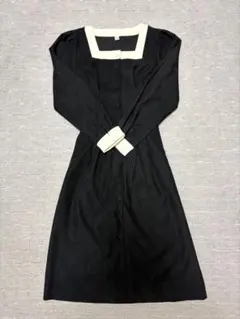 ベロア調 ロングワンピース 黒 配色襟 リボン付き レトロ 上品 フレア
