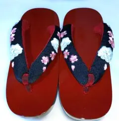 丸菊　こっぽり ぽっくり ゴム底 23〜24.5cm　下駄　花柄　赤　桐