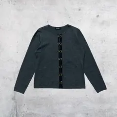 ニットカーディガン クルーネック ダークグレー ウール100％ M相当 きれいめ