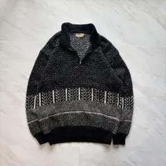 vintage 総柄ニット ハーフジップ ブラック M〜L古着 デザイン