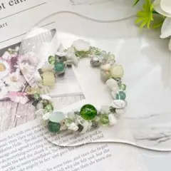 リーフ グリーン ホワイト 天然石 ブレスレット パワーストーン 編み 花