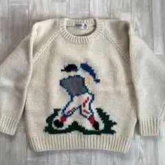 【ヴィンテージニット】ベースボール柄　一点物　ザックリ編み　個性的セーター　美品