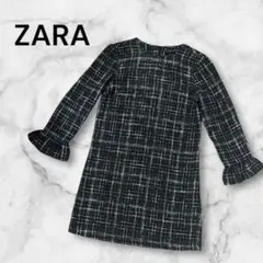 ZARA ツイードミニワンピース チェック柄 フリル袖 グリーン