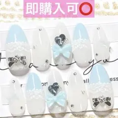 ネイルチップ現品オーダー量産型フレンチガーリー韓国ワンホンスナ系レース白水色青