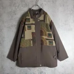 【ヴィンテージ】古着 ジャケット ジップアップ スカーフ柄 グレージュ レトロ
