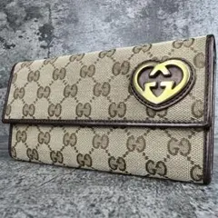 GUCCI ラブリーハート GGキャンバス 長財布 メタリックブラウン