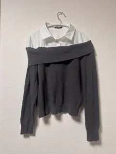 オフショルダー ニットトップス ダークグレー