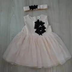 ピンク チュールドレス 蝶の刺繍 ヘアバンド付き 80cm