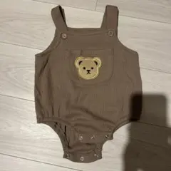 ブラウン クマ刺繍 リブ編みロンパース 60~70㎝