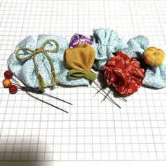 和装小物セット 水色リボンと花モチーフ　7点セット