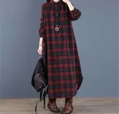 シャツワンピース チェック 赤系