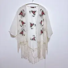 ジンジャー カーディガン 五分袖 バラ刺繍 S 白 レーヨン リゾート 羽織りのサムネイル